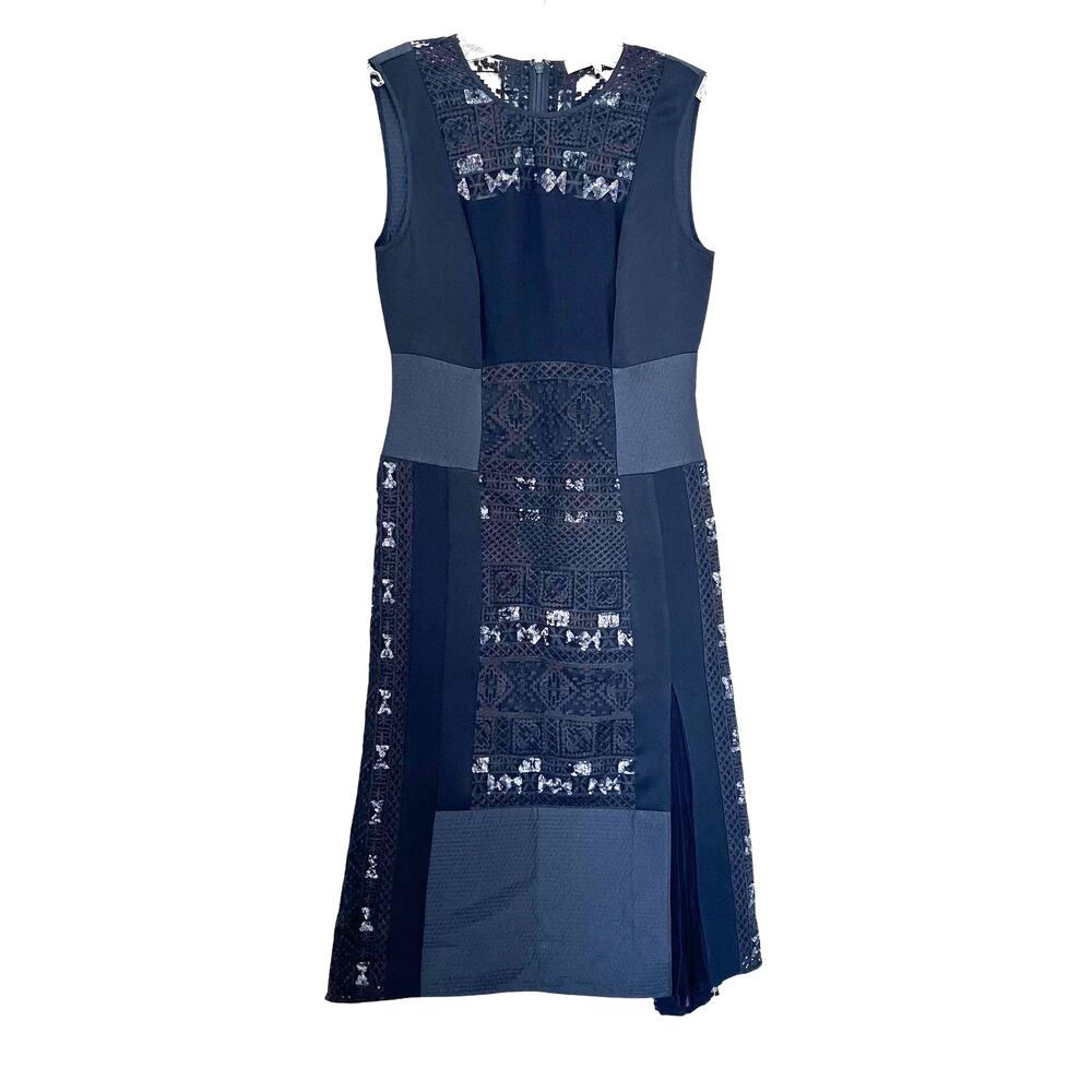 BCBGMaxAzria Black Crochet Paneled Sleeveless Pleated Sheath Midi Dress Size XS